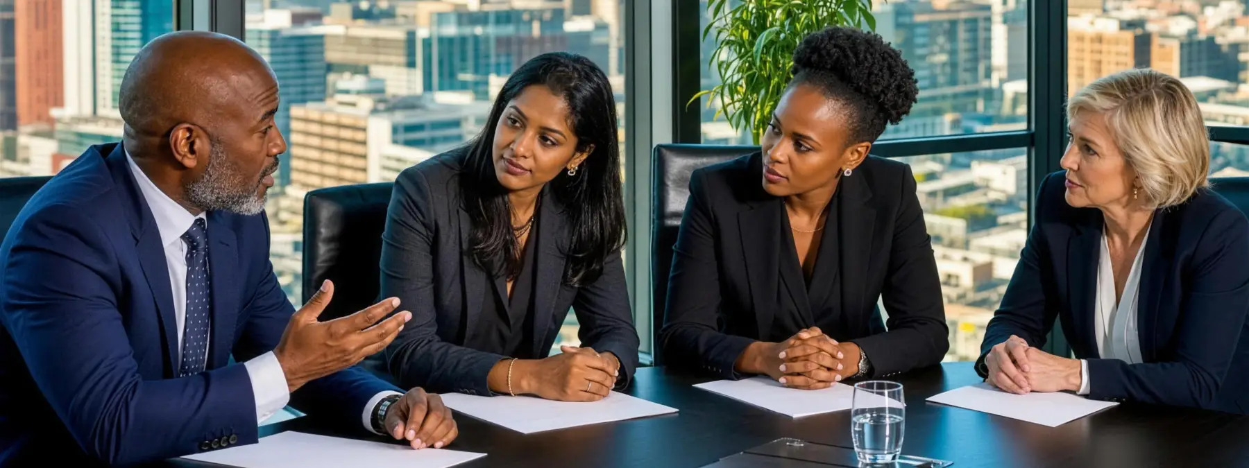 Four senior executives in discussion around a boardroom table in a Johannesburg office