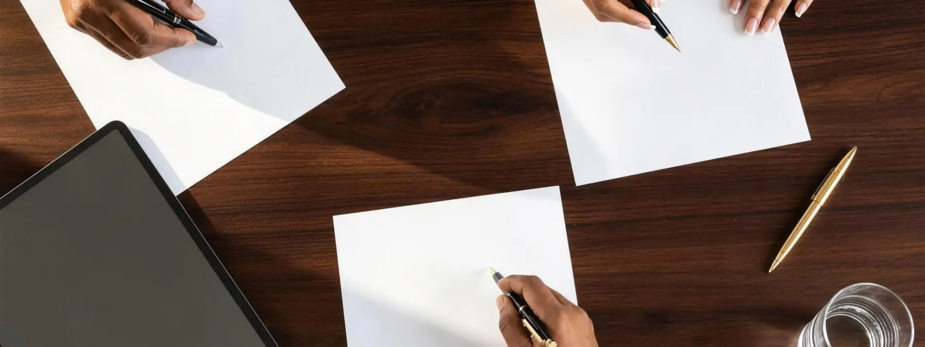 Hands of three professionals annotating proposal documents on a boardroom table